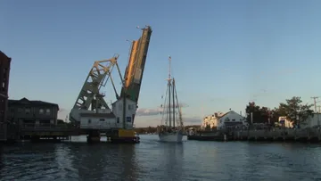 Steamship Sabino passes Mystic Bascule Bridge